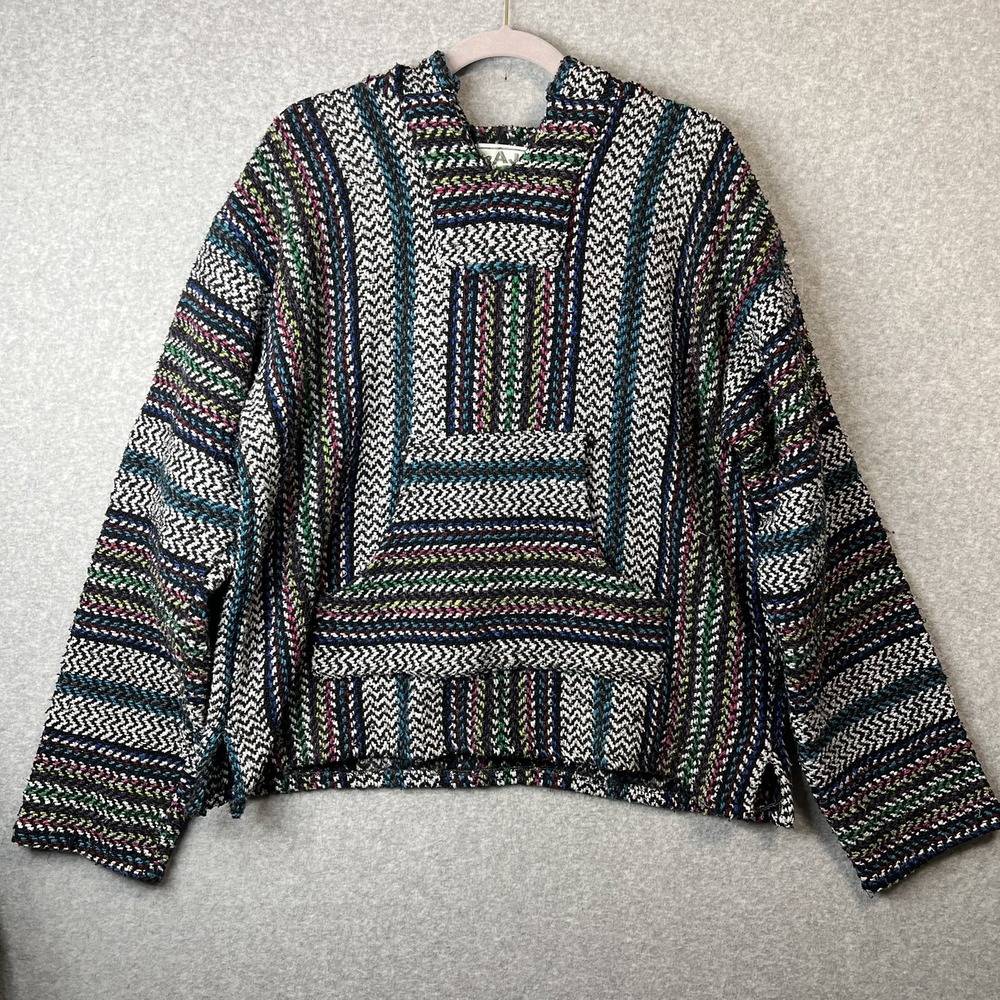 Baja Joe Mexican Baja Hoodie Multicolor Woven Drug Rug Hippie Boho Pullover 77,2